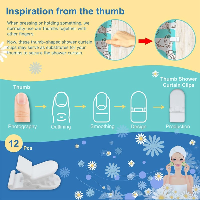 Kingwee Thumb Shower Curtain Clips, Shower Splash Guard Holders, Bathtub