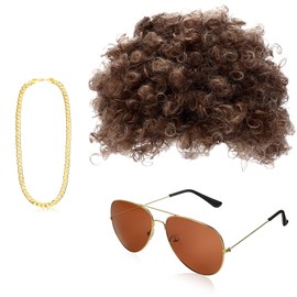 YUNHENTONG Men's Wig 70s 80s 3 Pieces with Gold Chain Sunglasses Brown Hippie Wig Carnival Wig Afro Wig for Carnival Party 70s Outfit Men's Hippie Costume Accessories