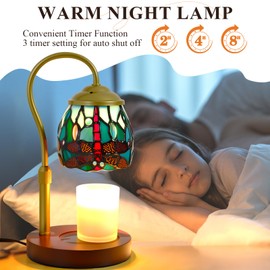 Tiffany Style Candle Warmer Lamp with Timer, Dimmable Dragonfly Stained Glass Candle Lamp Warmer, Vintage Candle Light for Scented Candles with 2 Bulbs for Home Deco Birthday Gifts for Mom Women