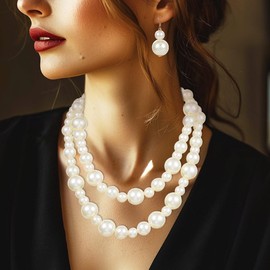 EVILD Chunky Pearl Jewelry Set Wedding Bridal Necklace and Earrings Sets Layered Pearl Necklaces Jewelry Accessories for Women (Two Layer)
