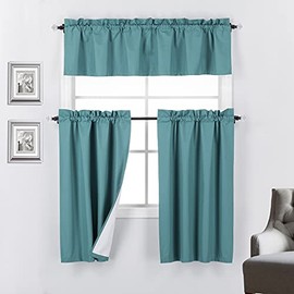 Rooney 3 Piece Thermal Backing Blackout Kitchen Window Curtain Tiers and Valance Set (Teal)