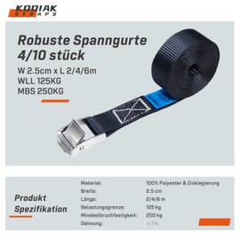 Pack of 10 lashing straps, 2 m, 250 kg, adjustable lashing strap with clamping lock for car, bicycle, motorcycle according to DIN EN 12195-2 KODIAK STRAPS