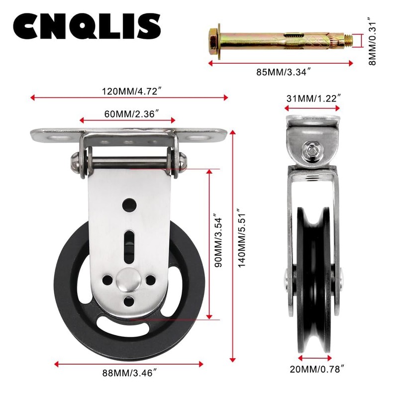 CNQLIS Gym Pulley Blocks,3.46in/90mm Wall Mount Fixed Pulley Wheel Rotation