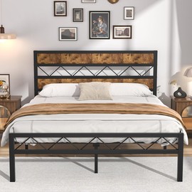 VECELO Queen Metal Platform Bed Frame with Rustic Vintage Wooden Headboard, Heavy Duty Metal Slats Support, Platform Mattress Base No Box Spring Needed, No Noise, Easy Assembly, Rustic Brown