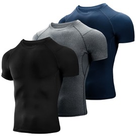 Niksa Niksa 3 Pack Compression Tops for Men Short Sleeve Mens Running Top Mesh Design Quick Dry Base Layer Top for Gym Sports Fitness Workout Cycling,Training, Black/Gray/Navy,L