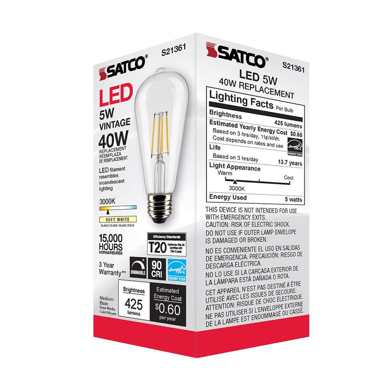 Satco S21361 5ST19/CL/LED/930/E26-6 Pack