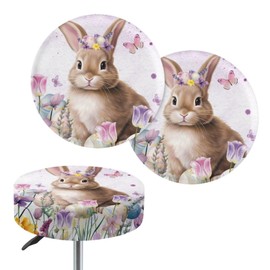 KUIFORTI Bunny Barstool Seat Covers for Easter Tulip Round Stool Cushions Butterfly Round Bar Stool Covers Washable Covers for Bar Stool Seats Round Bar Stool Cushion