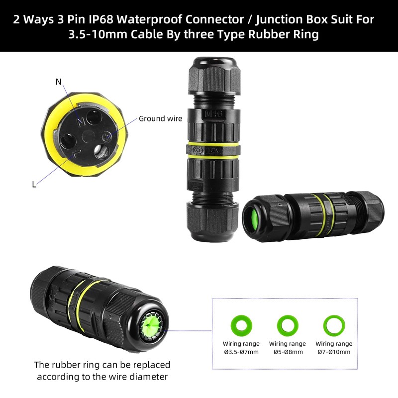5-Pack IP68 Waterproof 2 Way 3-Core Junction Box Electrical Cable