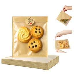 MSBS Packing 100 Pack Self Sealing Cookie Bags with Seal, 5.7x6.5 Inch Kraft Paper Bakery Bags with Window, Grease Resistant To Go Sleeves for Bake Sale Pastry, Brownie, Treat, Baked Goods Packaging