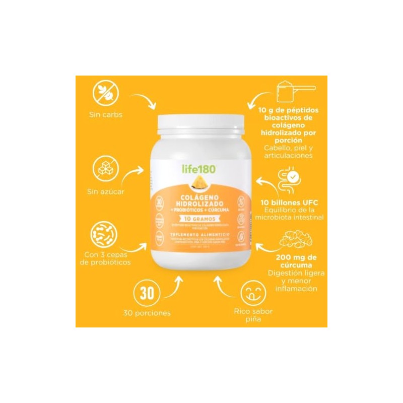 Life180 Dúo Colágeno Hidrolizado con Probióticos y Cúrcuma Sabor Piña