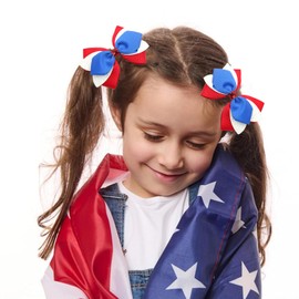 4th of July Hair Bow Clips - 2 Pcs Red White Blue Independence Day Hair Bows Clips Stars Stripes Alligator Barrettes Hair Accessories for Women Girls for Memorial Day (Red White Blue)