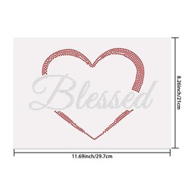 BEUNITONE Blessed Rhinestone Iron on Transfers Bling Red Heart Heat Transfer 11.7x8.3 White Word Hotfix Transfers Decal Crystal Love Heart Transfer Appliques for Bride Clothing T Shirt Pants Bags