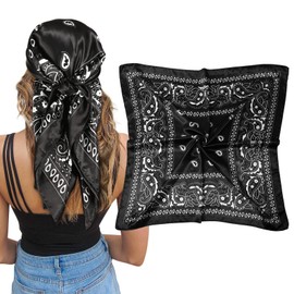 AWAYTR 35” Large Square Satin Head Scarf - Silk Hair Scarf Square Hair Bandanas Large Scarf Sleeping Head Wraps Neck Scarf for Women (Paisley(Black#1))