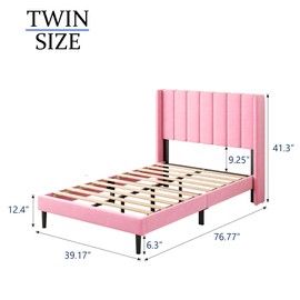 Gruwans Twin Size Bed Frames with Wingback Headboard Easy Assemnly Platform Bedframe, Sturdy Wooden Slat Support No Box Spring Needed, Pink Velvet
