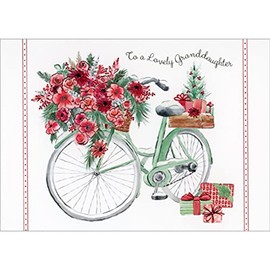 Pictura Light Green Bicycle with Large Bouquet of Pink and Red Flowers Christmas Card for Granddaughter