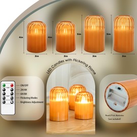 Lezonic Jar Flameless Candles Battery Operated with Remote, LED Fall Candles Dancing Flame Flickering Flameless Pillar, Set of 4 Real Wax Glass Small Battery Candles, H: 4" 4" 5" 5"(Pumpkin Orange)