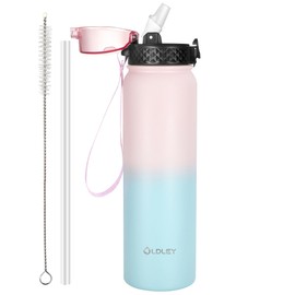 OLDLEY Stainless Steel Water Bottle with Straw 1L Vaccum Insulated Large Drink Flask Metal Water Bottles 1 Litre Leakproof Keep Drinks Hot Cold for Bike Camping Sports Gym(Pink Blue, 1 Lid)