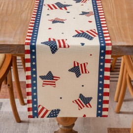 4th of July 13x108 Patriotic American Flag Stars Hearts Table Runner Memorial Day Polyester Independence Day American Table Decoration Washable Waterproof for Party Picnic Dinner