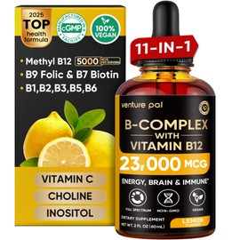Venture Pal 11-in-1 Vitamin B Complex Liquid Drops, B12 Methylcobalamin | B9 Folic | B1,B2,B3,B5,B6,B7 - Vitamin C, Choline, Inositol, Immune & Energy Metabolism, Brain & Heart Support