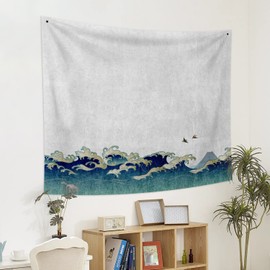 YongFoto 150 x 130 cm Japanese Ukiyo-E Tapestry Large Wave Wall Hanging Hill Birds Tapestry for Porch Wall Hangings Decor Living Room Dorm Duvet Wall Art
