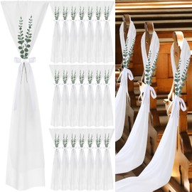VitalCozy 24 Sets Wedding Aisle Chair Decorations for Chiffon Chair Sashes with Ribbons Artificial Eucalyptus Stem Church Pew Decorations for Wedding Ceremony