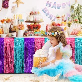 Mermaid Birthday Party Decorations, Wavy Ocean Blue Purple Fuchsia Table Skirt Metallic Tinsel Foil Fringe Streamers for Square/Round Table (6ft/8ft), Summer Under The Sea Themed Party Supplies -2PCS