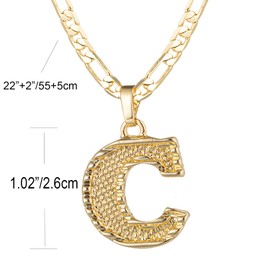 Initial Necklace for Women Men Teen Girls Boys, Gothic 18K Gold Plated 26 Letters Pendant Necklace, 3mm Wide Figaro Chain with Extension, Copper, Cubic Zirconia,