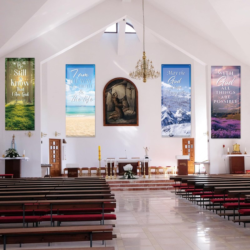 4Pcs Church Banners with Scripture for Sanctuary Wall Worship Classical