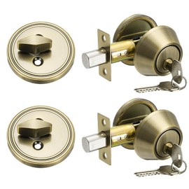 sourcing map Keyed Alike Single Cylinder Deadbolt Door Lock Round Entry Front Door Handle Set for Door Thickness 1.2-2 Inch (Bronze, Pack of 2)