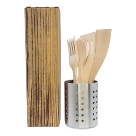 PoPproduct -Beech wood kitchen utensils + stainless steel utensil holder 5 piece set: two spatulas+spoon+fork+stand.Stylish reusable packaging.