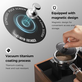 MHW-3BOMBER 58mm Espresso Puck Screen - 0.2mm Ultra Thin Espresso Puck - Metal Reusable Coffee Filter for Portafilter Basket 58mm - Puck Screen with Stand FG7053B-OS