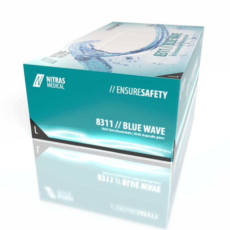 Nitras 8311 Blue Wave Non-Sterile, Medical, Food-Safe Nitrile Disposable Gloves,
