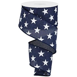 Stars Wired Edge Ribbon - 10 Yards (Navy Blue, White, 2.5")