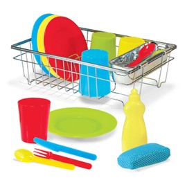 Melissa & Doug Wash and Dry Dish Set - 24 Pieces Kids Play Dishes, Play Kitchen Accessories, Toy Dishes for Kids Kitchen Ages 3+