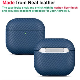 LOPIE Leather Case for AirPods 4th Generation - Handmade AirPods 4 Case Cover - Made of Real Leather - AirPod anc Protective Hard Shell Cover - Carbon Fiber Style - Wireless Charging Compatible - Blue