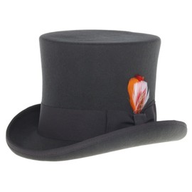 Ferrecci 100% Wool Top Hat Satin Lined with Grosgrain Ribbon and Removable Feather Tall Tophat - Unisex, Men, Women Charcoal