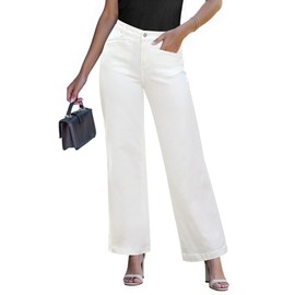 luvamia Women's Wide Leg Jeans Trendy Welt Pockets High Waisted Pants Comfy Summer Work Casual Cream White Pants Women Size Small US 4 to 6