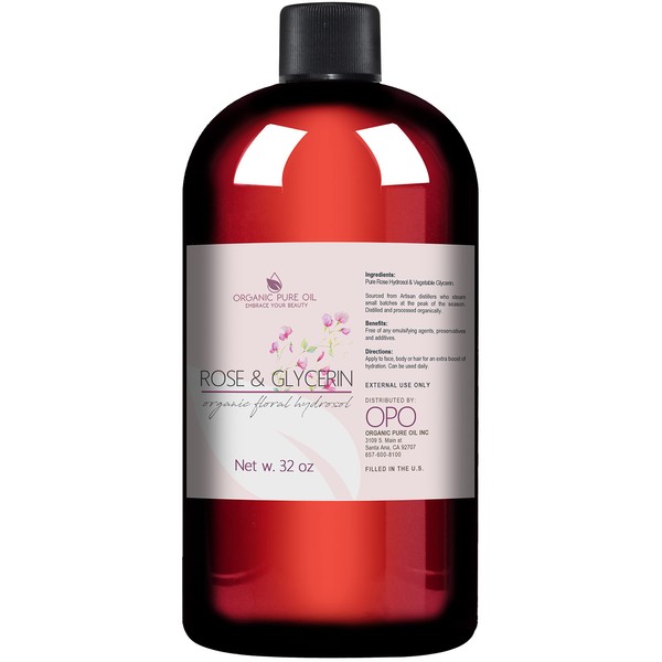Rosewater Glycerin Mist Toner Bulk Spray Facial Body Floral Cleanser 100% Pure Rose Hydrosol Vegetable Glycerine Moisturizing Cleansing Toning Mix Face Skin Hair Body - Packaging May Vary (32 Ounces)
