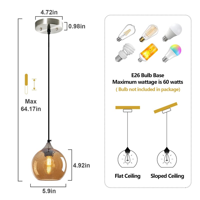 LBSQJ Amber Glass Pendant Lights Kitchen Island Globe Pendant Light