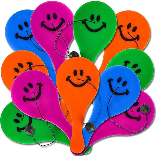 ArtCreativity Smile Face Paddle Balls, Pack of 36, Mini 4.5 Inch Plastic Paddleball with String, Assorted Bright Colors, Great Party Favors, Goodie Bag Fillers, Fun Activity Toys for Kids