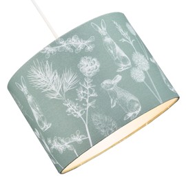Contemporary Woodland Themed Sage Olive Green Cotton Shade with Hares and Thistle Floral Decoration | 25cm x 18cm | Inner White Cotton Lining by Happy Homewares