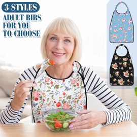 Shihanee 3 Pcs Adult Bibs for Women Adjustable Neck Closure Bibs Waterproof Clothing Protector with Crumb Catcher(Floral 2)