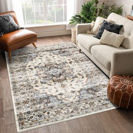 CAROMIO 9x12 Living Room Area Rug Washable Rug Vintage Distressed Indoor Non-Slip Stain Resistant Floor Carpet Traditional Accent Rug for Bedroom Home Office, Taupe