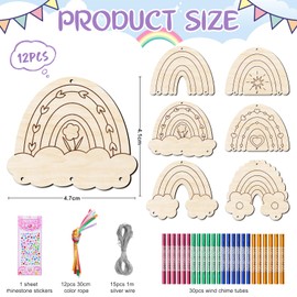 12 Pack Wind Chime Crafts for Kids, Make Your Own Boho Rainbow Wind Chime Kit DIY Coloring Wooden Craft Unfinished Rainbow Wood Ornaments for Girls Boys Birthday Gifts