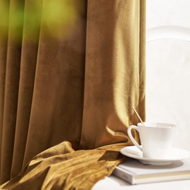 Lazzzy Gold Brown Blackout Velvet Curtains 96 Inches Long Thermal Insulated Room Darkening Curtain Drapes Luxury Back Tab Window Treatments for Bedroom Living Room 2 Panels, 52 x 96 Inch, Golden Brown
