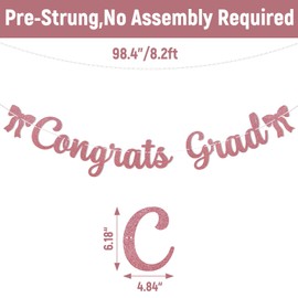 Pink Graduation Decorations - Congrats Grad Banner - Coquette Graduation Decorations 2025, Pink Bow Grad Decor, Coquette Congrats Grad Party Decoration Rose Gold Glitter