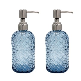 16 Oz Soap Dispenser with 304 Rustproof Stainless Steel Pump, Kitchen, Bathroom Soap Dispenser， Refillable Liquid Glass Soap Dispenser for Hand Soap, Soap, Lotion. (Blue-2pack)