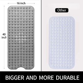 Bathtub and Shower Mats, Extra Long Non-Slip Bath Mat 39 x 16 Inch, Machine Washable Bath Tub Mat with Suction Cups & Drain Holes for Bathroom, Clear Grey