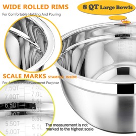 Stainless Steel Mixing Bowls Set of 5, Size 8/5/3/2.5/1.5 QT, E-far Metal Nesting Bowls with Black Airtight Lids, Measurement Marks & Non-Slip Bottoms, Great for Cooking, Baking, Serving, Food Prep