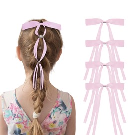 4PCS Pink Hair Bows for Women Silky Satin Barrettes Long Tail Hair Bow Ribbon Women Accessories for Daily, Prom, Back to School